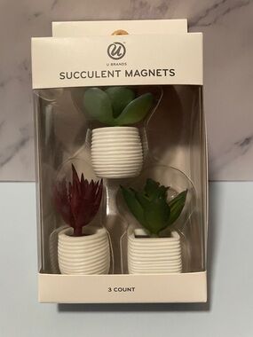 U Brands Succulent Magnets 3 Mini Faux Succulent plants in ribbed white planters